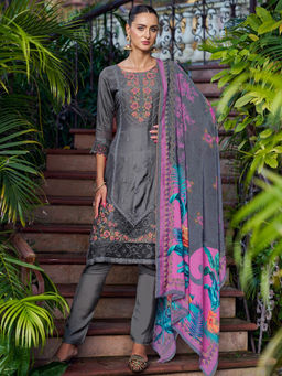 Stylee LIFESTYLE - Grey Muslin Embroidered Unstitched Suit (Set of 3)