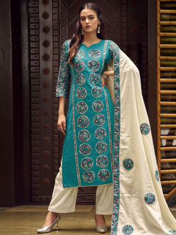 Stylee LIFESTYLE - Teal Pure Cotton Digital Printed Unstitched Suit (Set of 3)