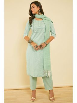 Soch - Women Green Botanical Print Cotton Blend Kurta with Pant and Dupatta (Set of 3)