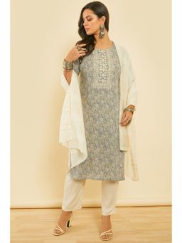 Soch - Women Blue Rayon Floral Print Kurta with Pant and Dupatta (Set of 3)