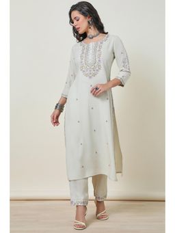 Soch - Women Ivory Embroidered Rayon Kurta with Pant (Set of 2)
