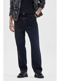 Snitch - Jet Black Solid/Plain Loose Casual Jeans for Men
