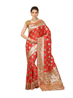 Banarasi Silk Works - Women Red Katan Banarasi Paithani Saree with Unstitched Blouse
