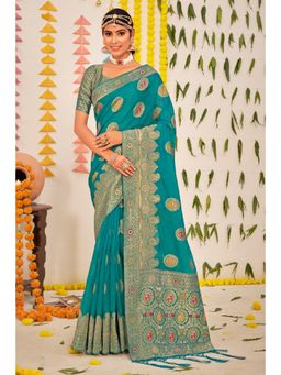 Sangam Prints - Sky Blue Organza Woven Zari Work Traditional Tassel Saree with Unstitched Blouse