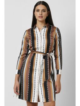 Van Heusen - Women Brown Stripe Knee Length Formal Knee Dress with Belt
