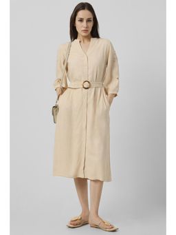 Van Heusen - Women Beige Self Design Casual Midi Dress with Belt