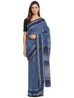 Fabindia - Navy Blue Hand Block Print Cotton Silk Saree