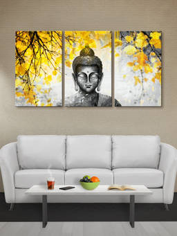 999Store - Dark Buddha Bust Beneath Elegant Flowering Branches Multi-Panel Wall Art (Pack of 3)