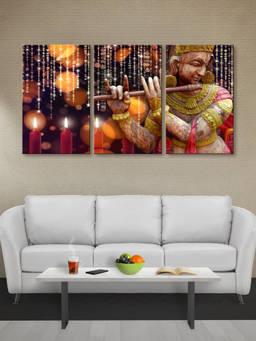 999Store - Lord Krishna Playing Flute Amid Candles & Crystal Multi-Panel Wall Art (Pack of 3)