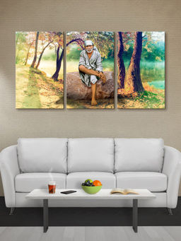 999Store - Lord Krishna Playing The Flute In A Peaceful Forest Multi-Panel Wall Art (Pack of 3)