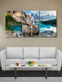 999Store - Lord Krishna Playing The Flute Beside A Mountain Lake Multi-Panel Wall Art (Pack of 3)