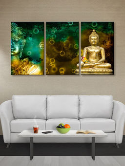 999Store - Seated Buddha With Decorative Teal Floral Swirls Multi-Panel Wall Art (Pack of 3)