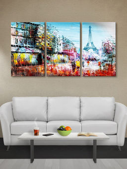 999Store - Colourful Painted Paris Cityscape Featuring The Eiffel Multi-Panel Wall Art (Pack of 3)