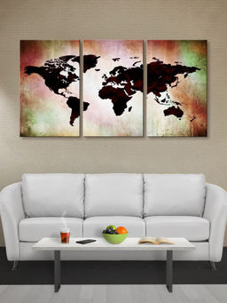 999Store - Bold World Map On A Warm Distressed Background Multi-Panel Wall Art (Pack of 3)