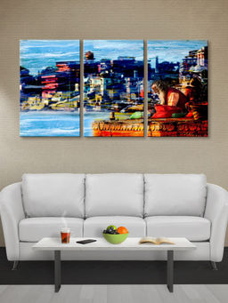 999Store - Colourful Coastal Cityscape Overlooking Blue Water Multi-Panel Wall Art (Pack of 3)