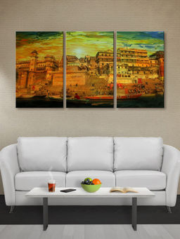 999Store - Panoramic Historic City Scene In Rich Earthy Colours Multi-Panel Wall Art (Pack of 3)
