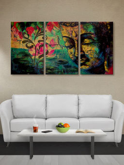 999Store - Colourful Buddha Face Blended With Rich Floral Patterns Multi-Panel Wall Art (Pack of 3)