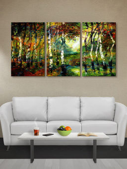 999Store - Dark Enchanted Forest With Deep Green & Amber Highlights Multi-Panel Wall Art (Pack of 3)