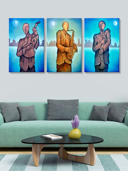 999Store - Three Meditating Monks In Blue And Warm Ochre Robes Multi-Panel Wall Art (Pack of 3)