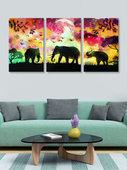 999Store - Elephant Silhouettes Walking Beneath A Sunset Sky Multi-Panel Wall Art (Pack of 3)