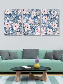 999Store - Soft Blue Floral Blossom Pattern With Delicate Detailing Multi-Panel Wall Art (Pack of 3)