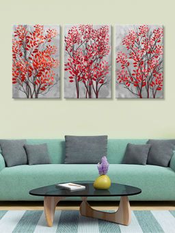 999Store - Trio Of Red Flowering Trees With Grey Trunks Multi-Panel Wall Art (Pack of 3)
