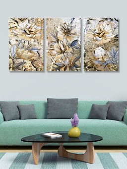 999Store - Beige And Gold Botanical Flowers With Vintage Texture Multi-Panel Wall Art (Pack of 3)