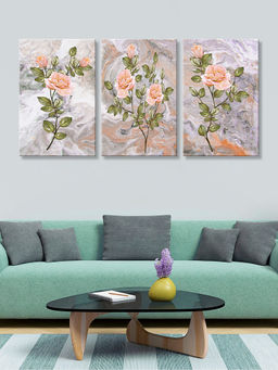 999Store - Soft Peach Roses & Delicate Leaves On A Pastel Background Multi-Panel Wall Art (Pack of 3)