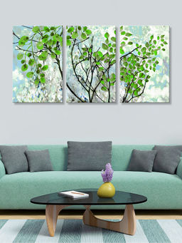 999Store - Fresh Leafy Branches On A Pale Aqua Text Background Multi-Panel Wall Art (Pack of 3)