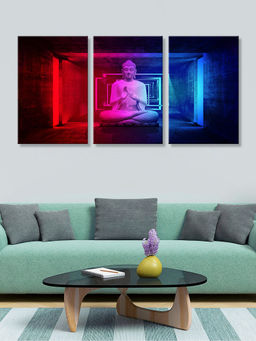 999Store - Neon Meditating Buddha Glowing In Red, And Blue Multi-Panel Wall Art (Pack of 3)
