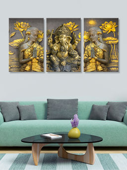 999Store - Lord Ganesha With Lotus And Ornamental Motifs Multi-Panel Wall Art (Pack of 3)