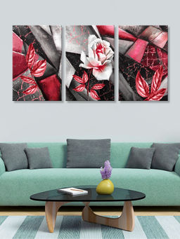 999Store - Red And Rose Set With Bold Metallic Leaves Multi-Panel Wall Art (Pack of 3)