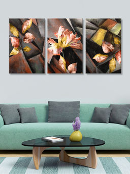 999Store - Lilies And Flowers Set Among Dark Metallic Leaves Multi-Panel Wall Art (Pack of 3)