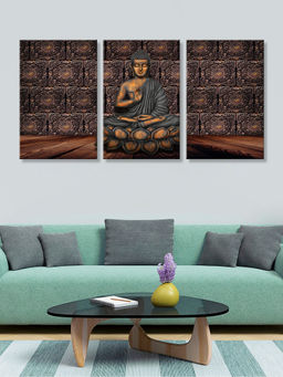 999Store - Seated Buddha Against An Intricately Carved Brown Wall Multi-Panel Wall Art (Pack of 3)