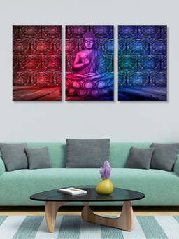 999Store - Neon Buddha Glowing Against Red Blue & Brickwork Multi-Panel Wall Art (Pack of 3)