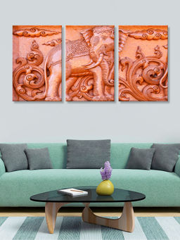 999Store - Ornamental Elephant Carving In Warm Terracotta Tones Multi-Panel Wall Art (Pack of 3)
