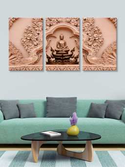 999Store - Ornate Temple-Style Buddha Carving In Soft Beige Multi-Panel Wall Art (Pack of 3)
