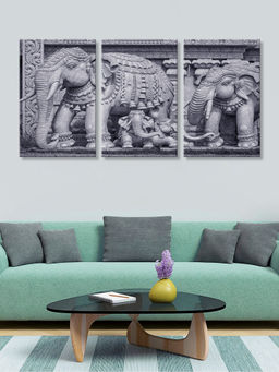 999Store - Monochrome Elephant Procession Carved In Stone Multi-Panel Wall Art (Pack of 3)