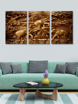 999Store - Running Horses Shown In A Deep Brown Carved-Relief Style Multi-Panel Wall Art (Pack of 3)