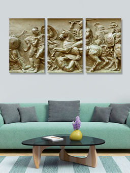 999Store - Horse Riders In An Antique Sepia Relief Composition Multi-Panel Wall Art (Pack of 3)
