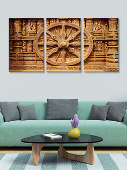999Store - Traditional Temple Wheel Or Chakra Carved In Wood Tones Multi-Panel Wall Art (Pack of 3)