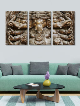 999Store - Lord Ganesha Carved In A Detailed Grey Stone Relief Multi-Panel Wall Art (Pack of 3)