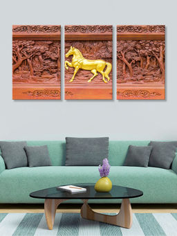 999Store - Horse Motif Set Within A Red Temple-Style Relief Multi-Panel Wall Art (Pack of 3)