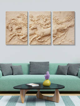 999Store - Running Horses Carved Into A Pale Stone Surface Multi-Panel Wall Art (Pack of 3)