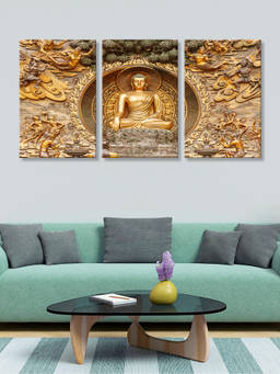 999Store - Buddha Statue Seated Inside An Ornate Temple Niche Multi-Panel Wall Art (Pack of 3)
