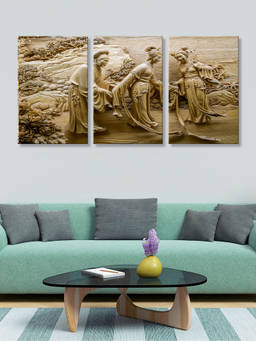 999Store - Horse Chariot Procession Carved Into A Pale Stone Relief Multi-Panel Wall Art (Pack of 3)