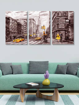 999Store - Monochrome City Street Scene With Selective Accents Multi-Panel Wall Art (Pack of 3)