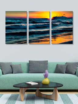 999Store - Calm Sea Horizon With Warm Orange Sunset Reflections Multi-Panel Wall Art (Pack of 3)