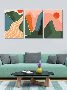 999Store - Mountain Landscapes In Coral Green & Warm Cream Multi-Panel Wall Art (Pack of 3)