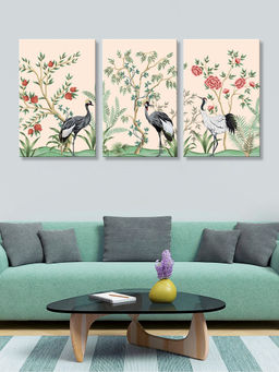 999Store - Elegant Cranes & Blossoming Branches On A Cream Background Multi-Panel Wall Art (Pack of 3)